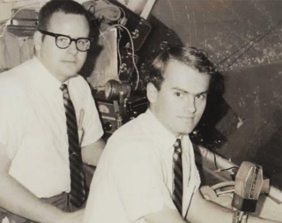 Denny Miles (left) and Boyd Levet in the broadcast booth for OSU Rook Basketball, circa 1965-66. (Photo courtesy of Denny Miles)